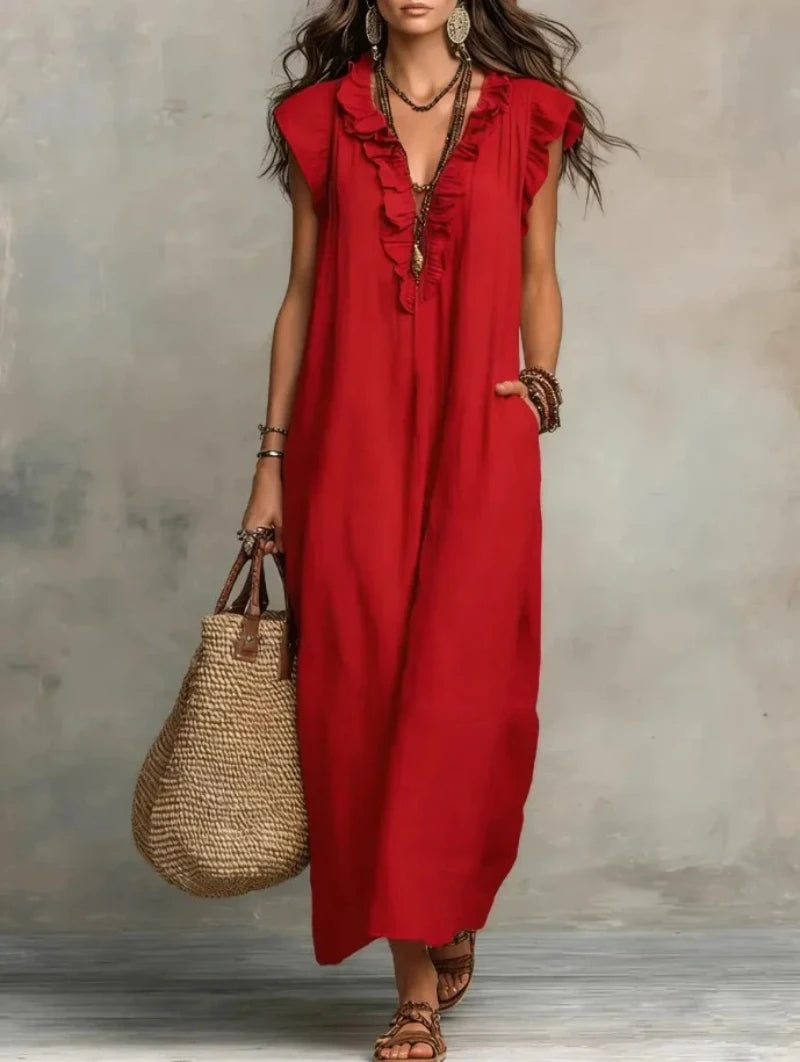 Women's Retro Bohemian Linen Maxi Dress With Ruffle V-Neck