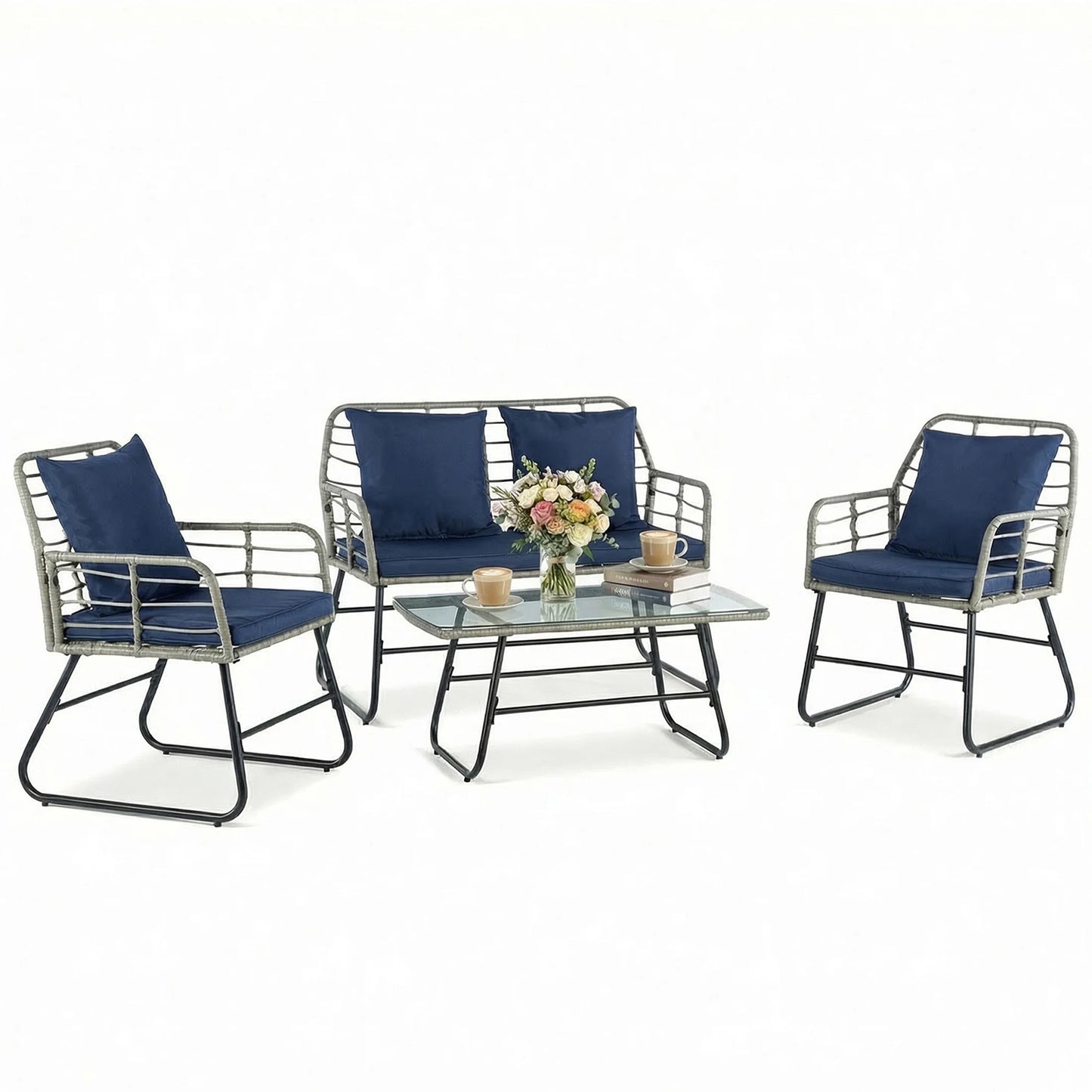 Outdoor Wicker Patio Furniture Set 4 Pieces With Glass Table