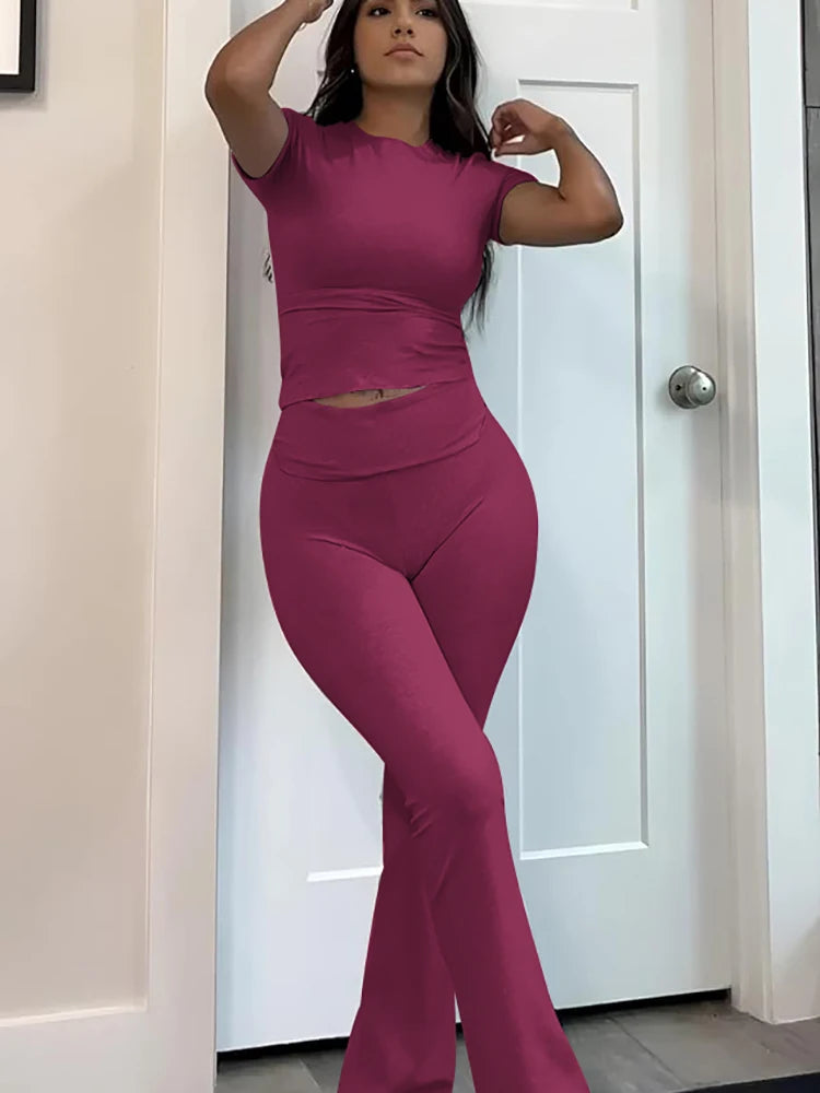 Womens Two Piece Yoga Set With Short Sleeve Flared Pants