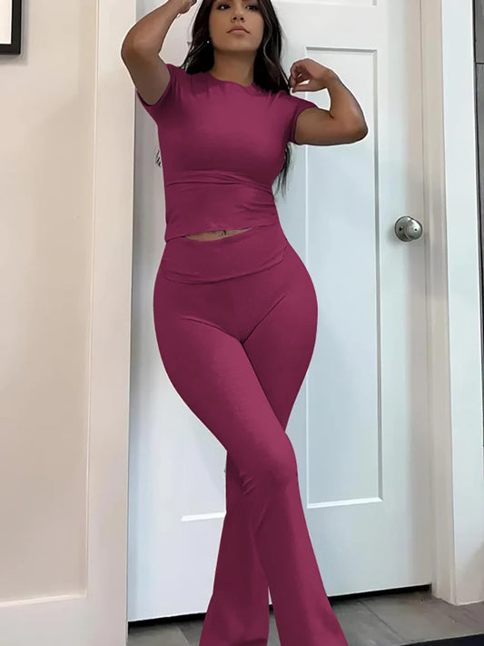 Womens Two Piece Yoga Set With Short Sleeve Flared Pants
