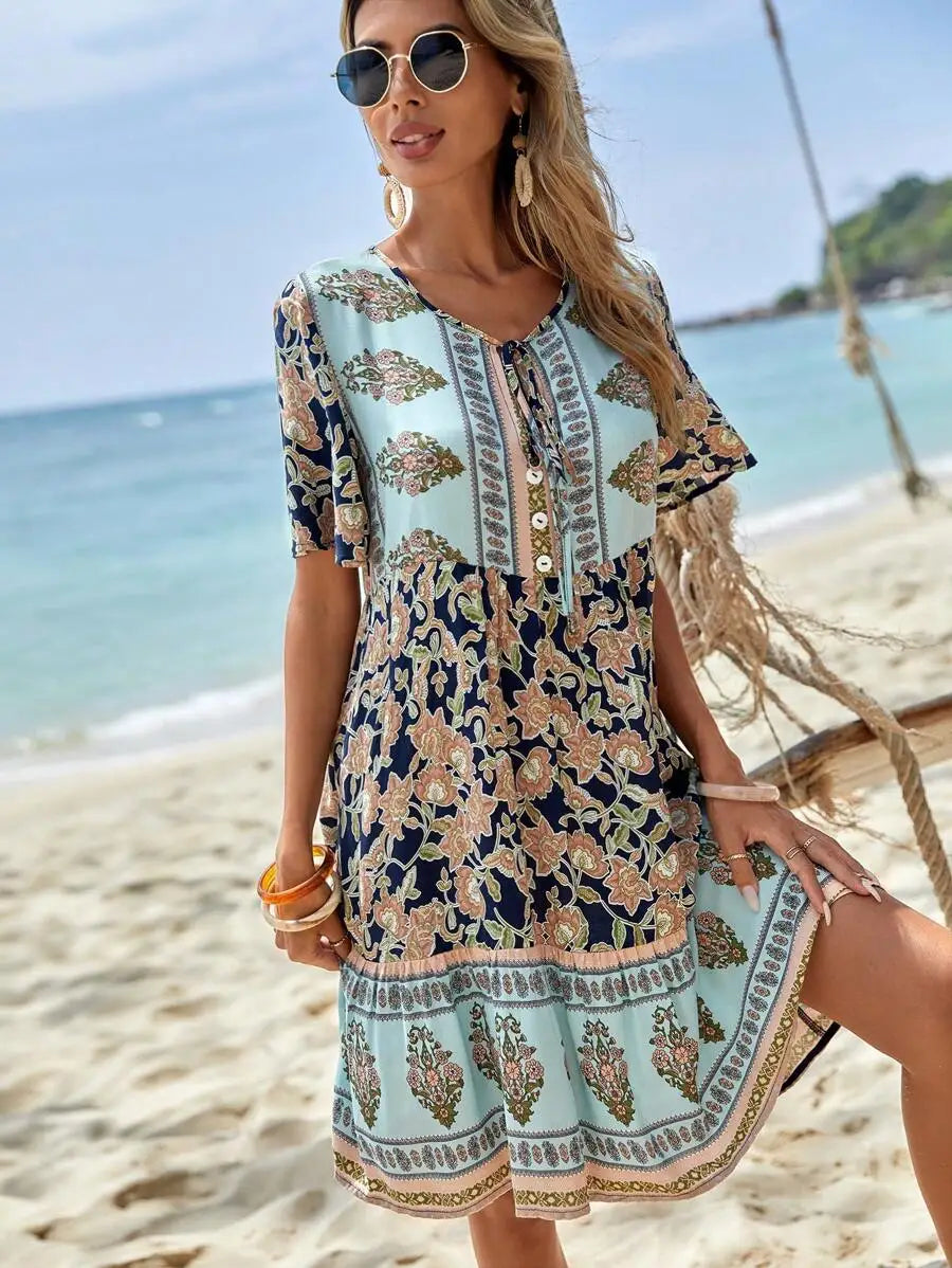 Boho Floral Print V-Neck Short Sleeve Mini Dress With Button