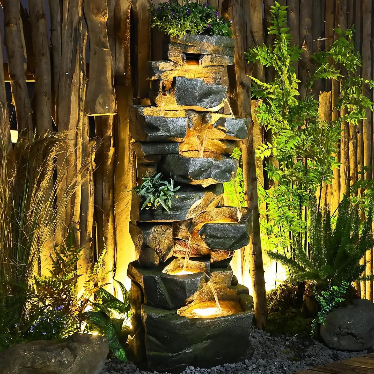 Tree Trunk Outdoor Resin Waterfall Fountain With LED Lights