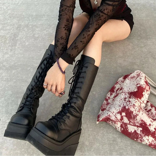 DoraTasia Gothic Mid Calf Boots With Side Zip Lace