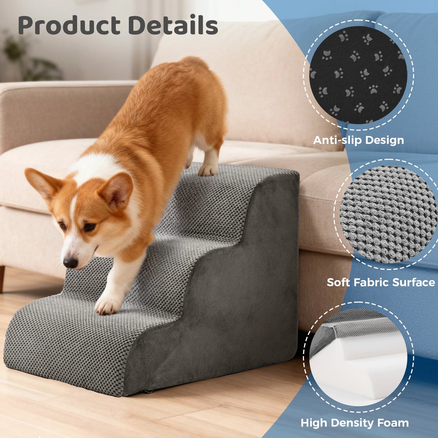 3-5 Step High-Density Foam Dog Stairs Curved Ramp Indoor Non-Slip