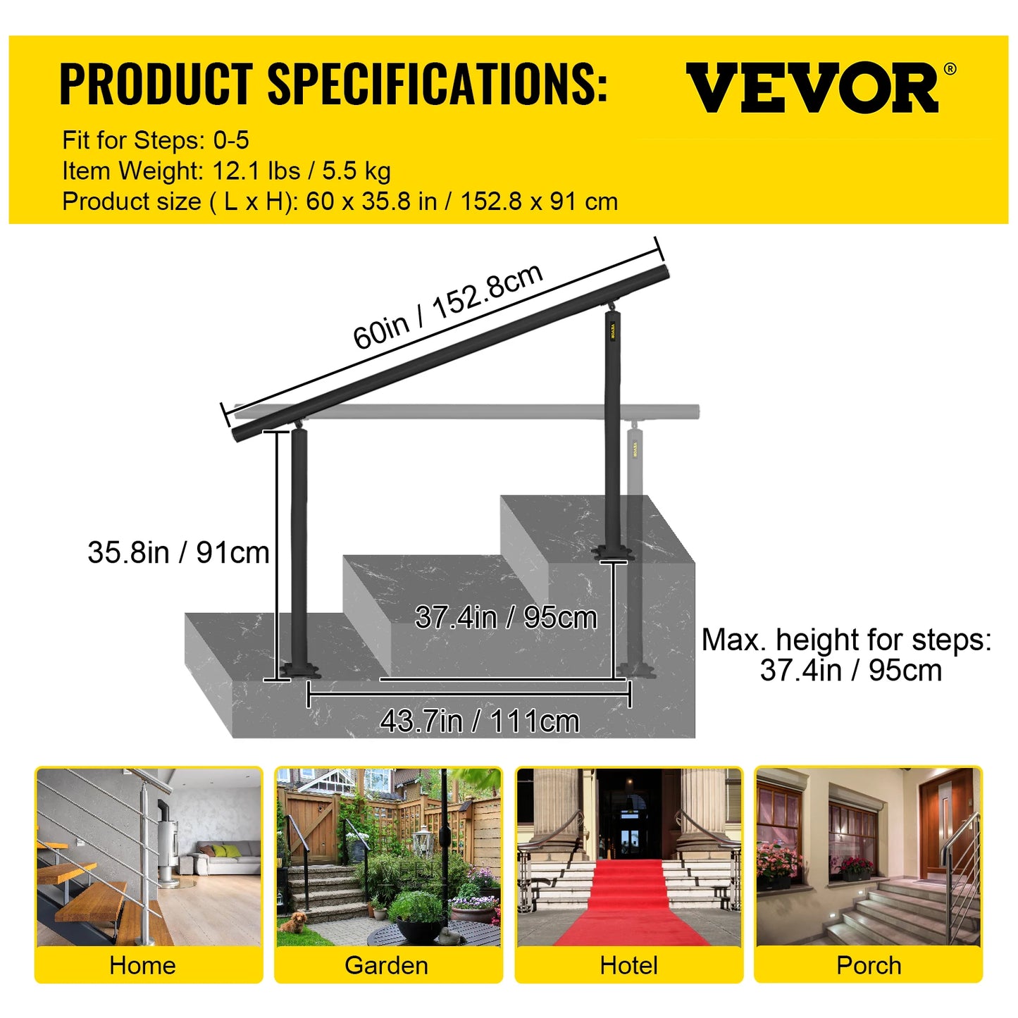 Outdoor Aluminum Handrail Fits 0 to 5 Steps Installation Kit