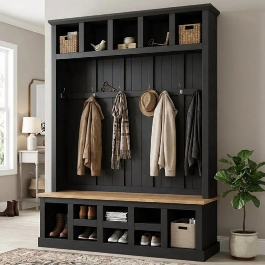 Farmhouse Hall Tree With Shoe Storage Bench 6 Hooks Rack