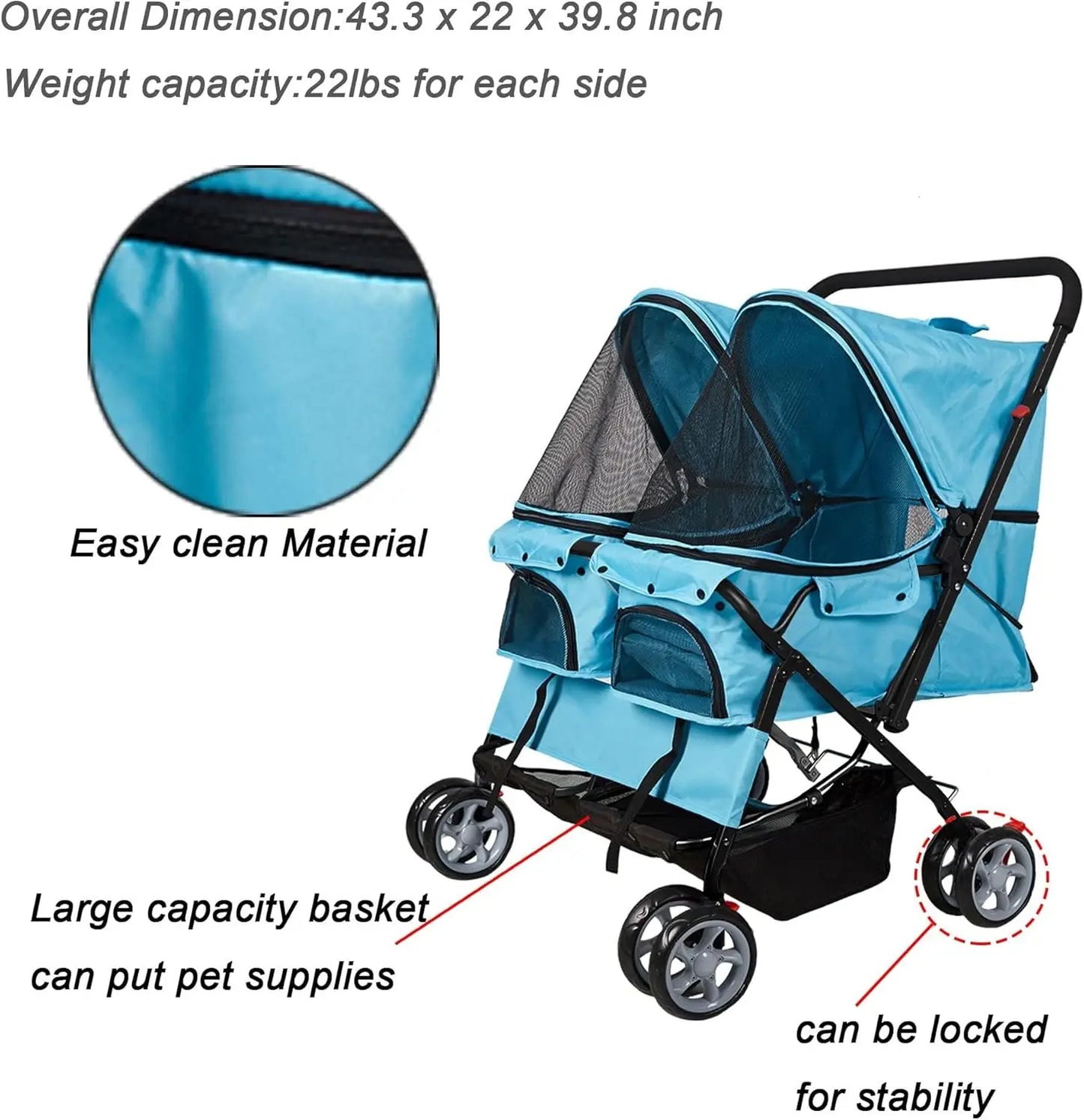 Foldable Twin Pet Stroller for Dogs and Cats Portable Travel