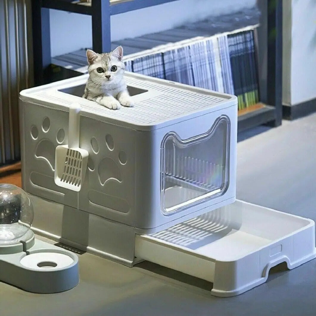 Front Entry Cat Litter Tray With Scoop And Drawer Foldable