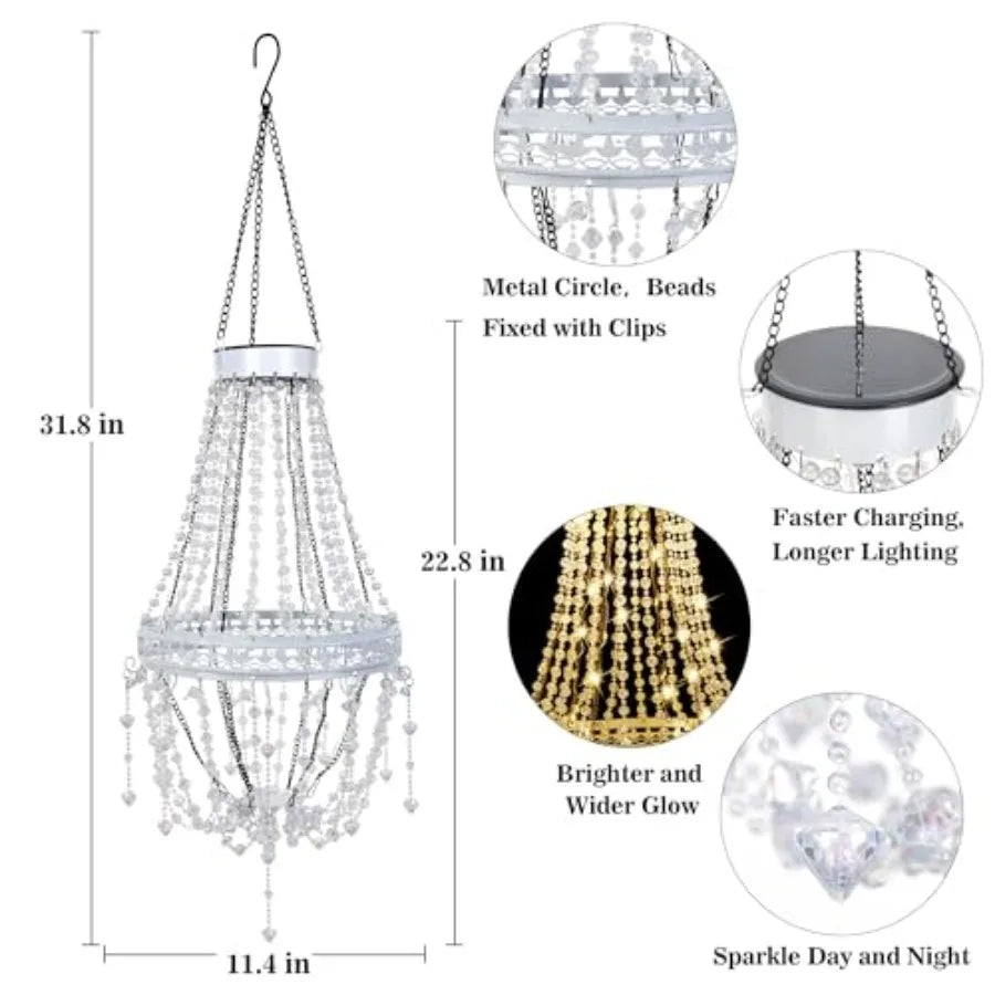 Solar Hanging Lantern Outdoor Chandelier LED Waterproof Crystal Acrylic Pendant