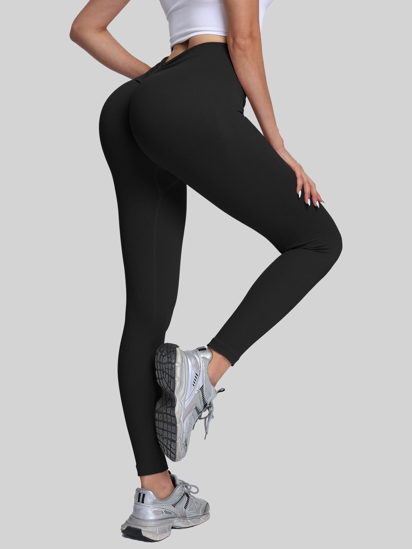 High-Waisted Seamless Yoga Pants With V-Back Ribbed Quick-Dry Leggings