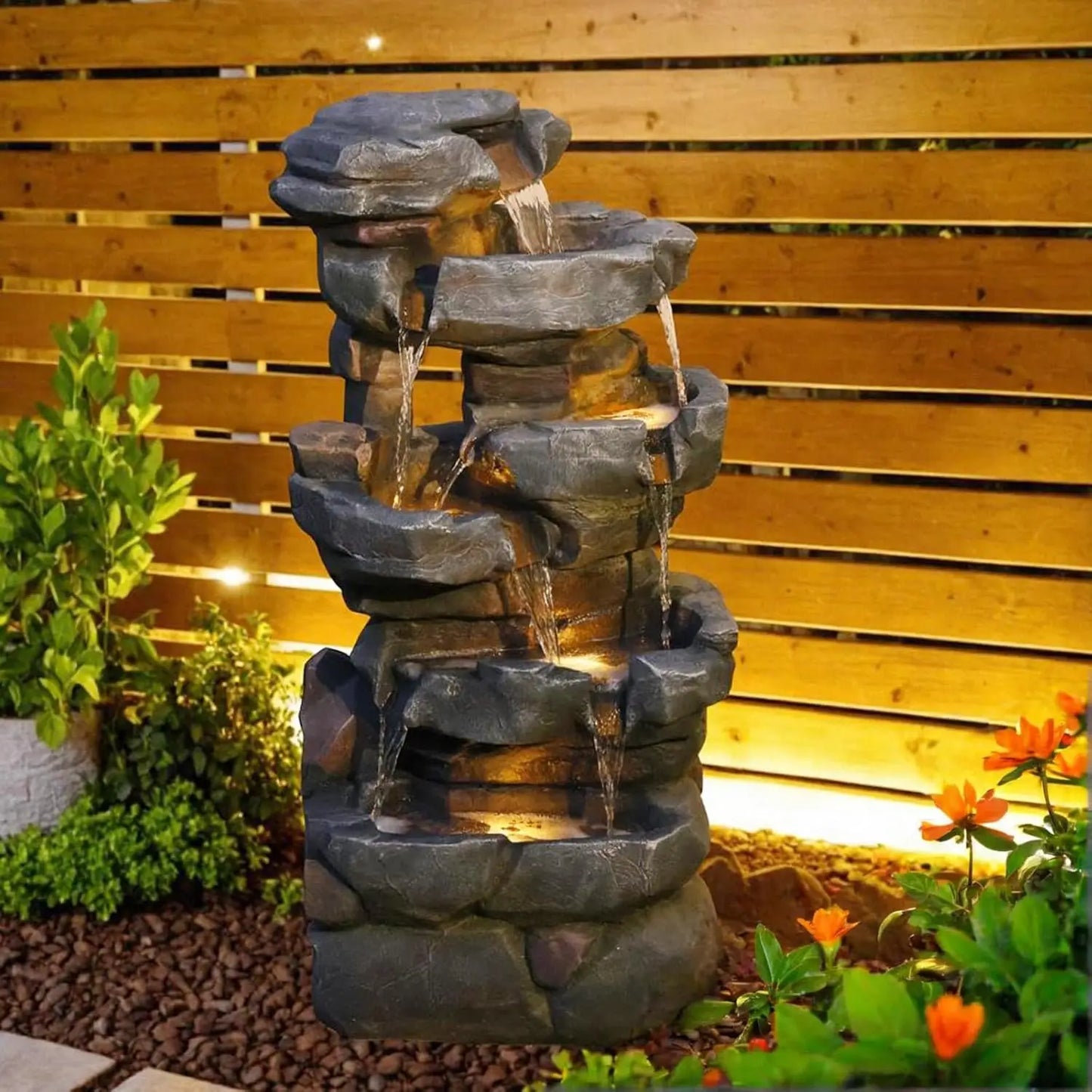Tree Trunk Outdoor Resin Waterfall Fountain With LED Lights