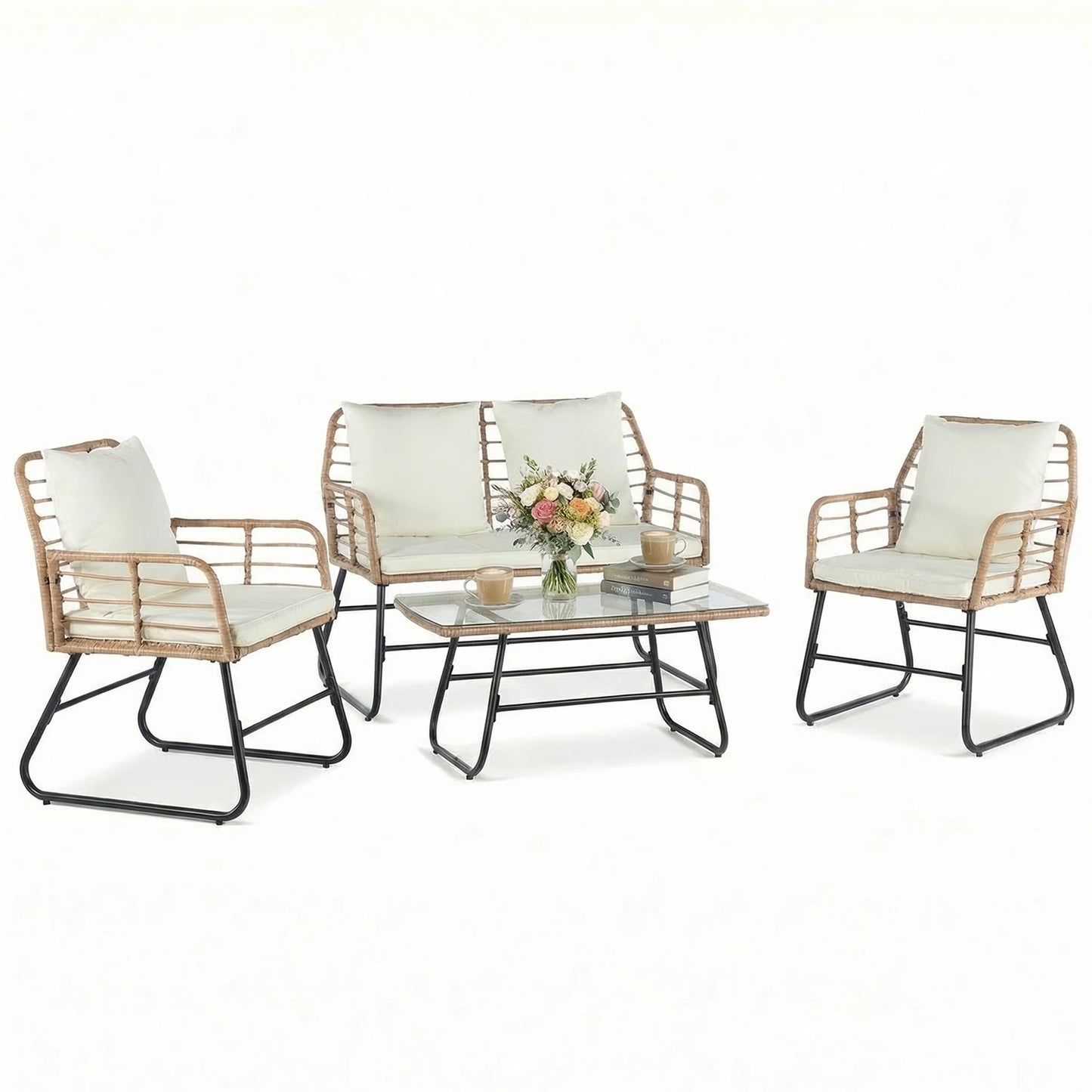 Outdoor Wicker Patio Furniture Set 4 Pieces With Glass Table