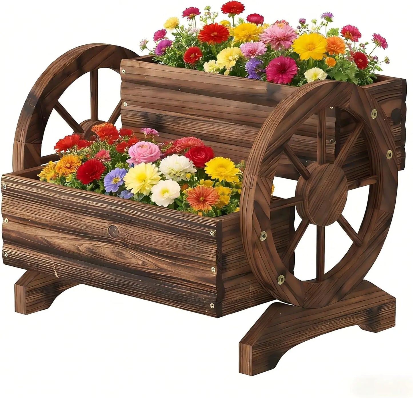 Wooden Wagon Planter With Wheels For Succulent Outdoor Garden Decor