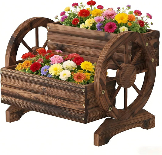Wooden Wagon Planter With Wheels For Succulent Outdoor Garden Decor