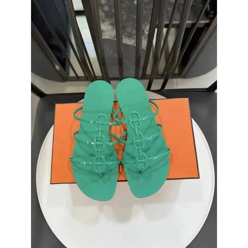 Chain Pig Nose Jelly Women Flat Bottom Slippers Flip Flops