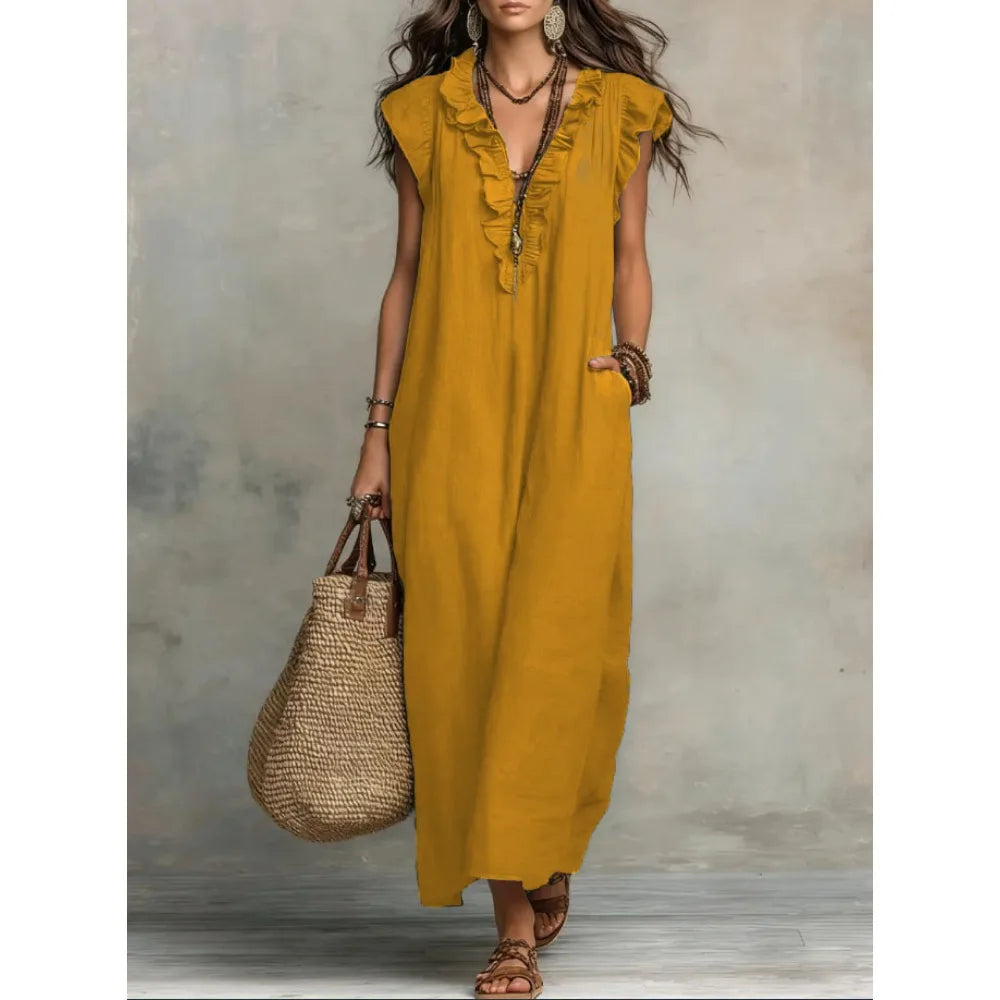 Women's Retro Bohemian Linen Maxi Dress With Ruffle V-Neck