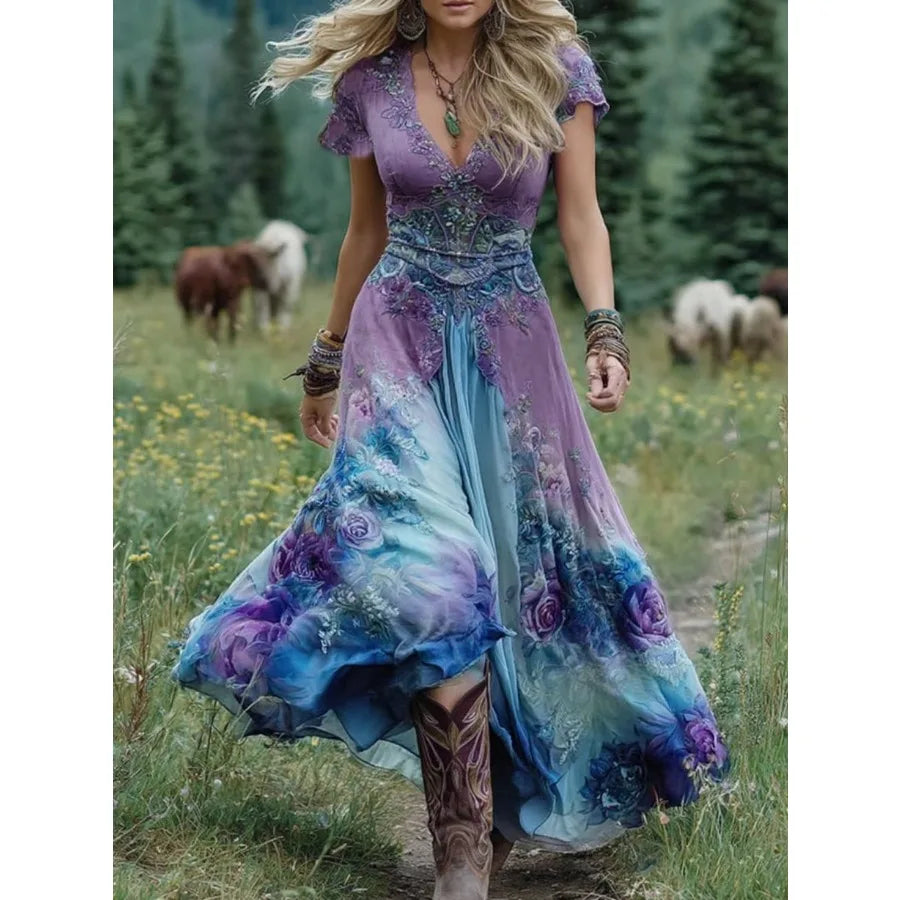 Spring European Style Loose Slit 3D Printed Dress For Women