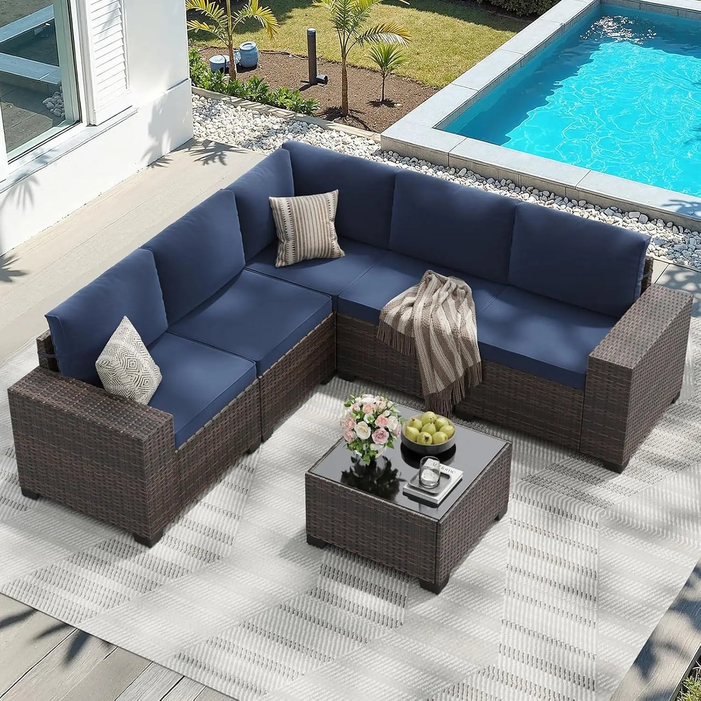 XIAOLANG All Weather Patio Furniture Set Six Piece Wicker Table