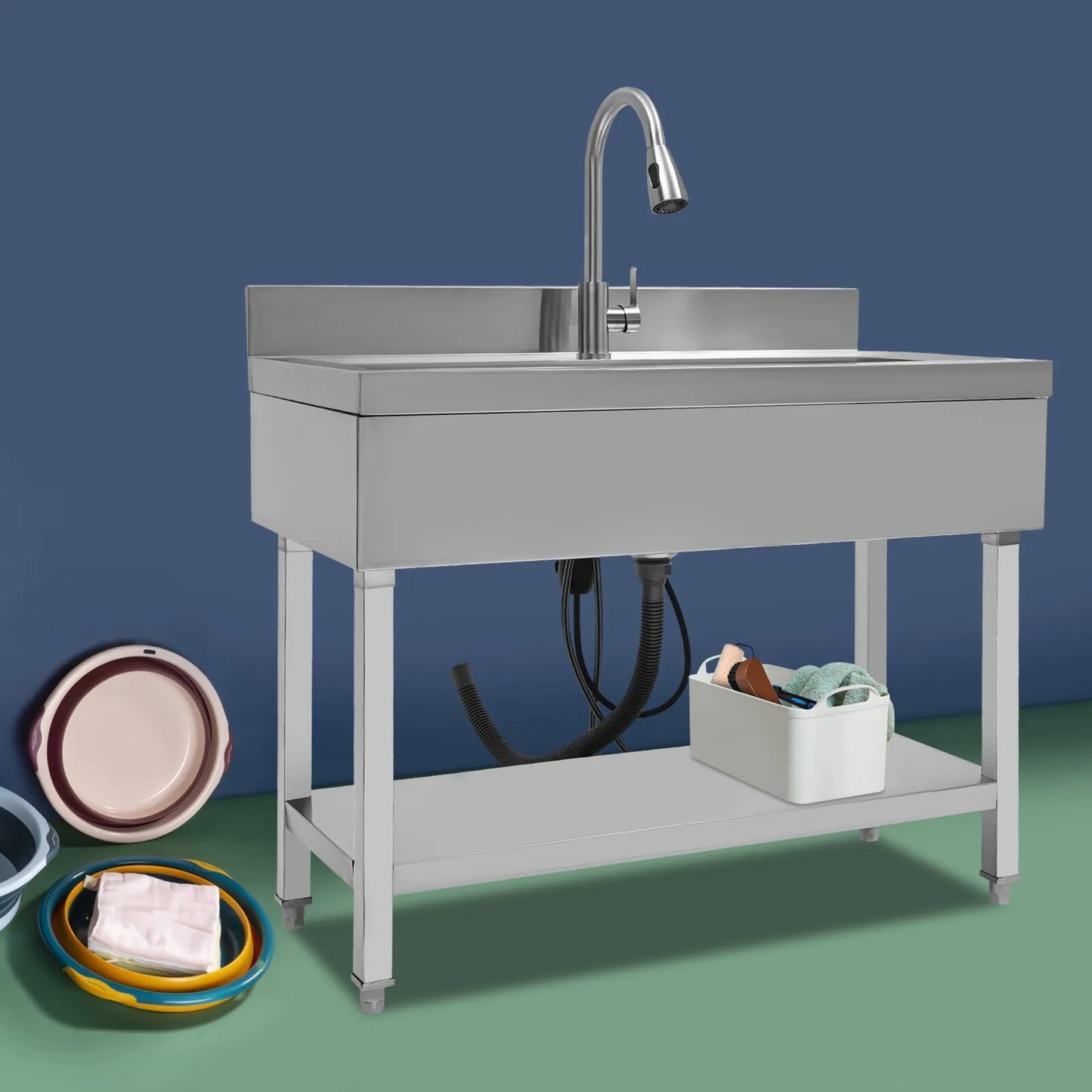 Bymaocar 201 Stainless Steel Utility Sink With Faucet Single Bowl