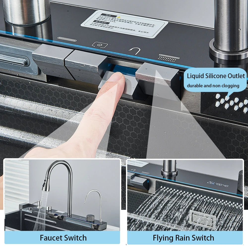 Multifunctional Kitchen Waterfall Sink With Digital Display 304 Stainless Steel