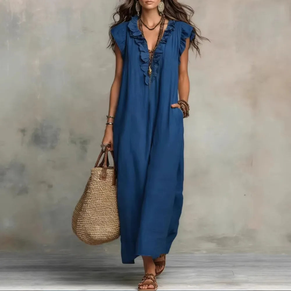 Women's Retro Bohemian Linen Maxi Dress With Ruffle V-Neck