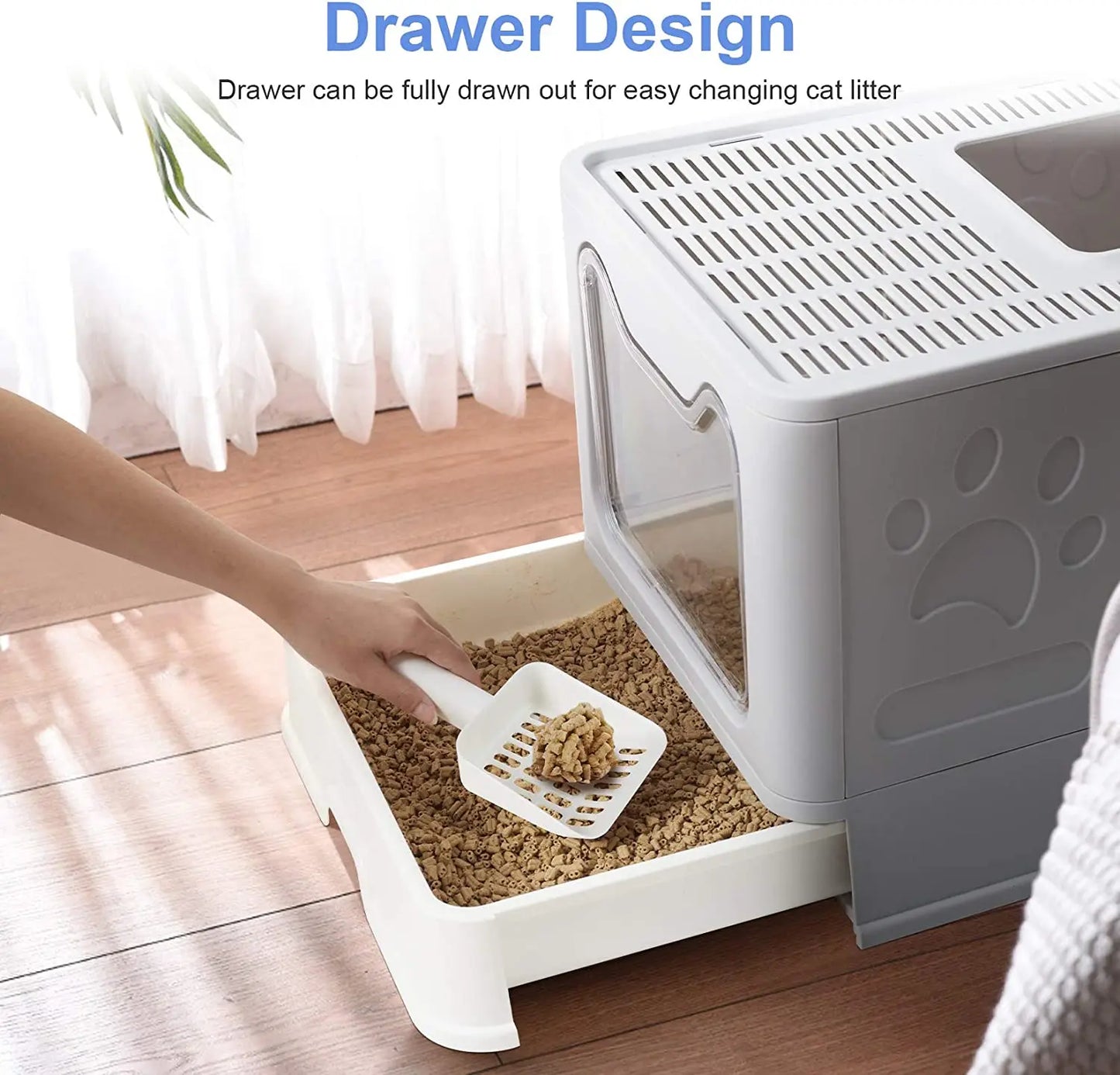 Front Entry Cat Litter Tray With Scoop And Drawer Foldable