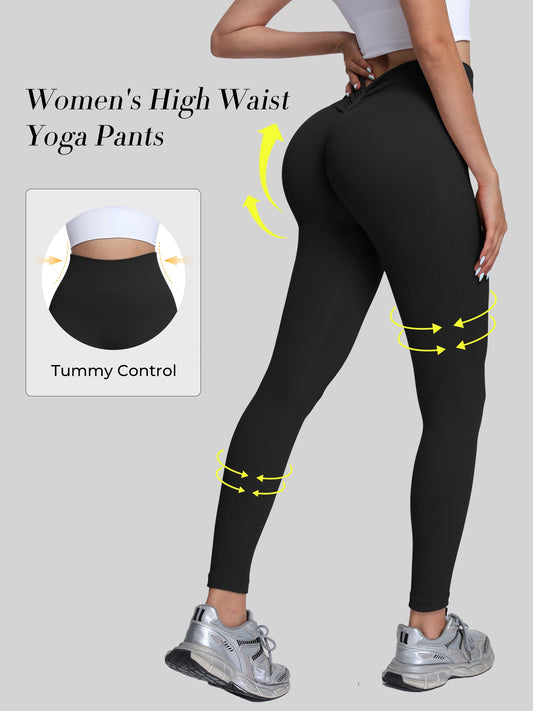 High-Waisted Seamless Yoga Pants With V-Back Ribbed Quick-Dry Leggings